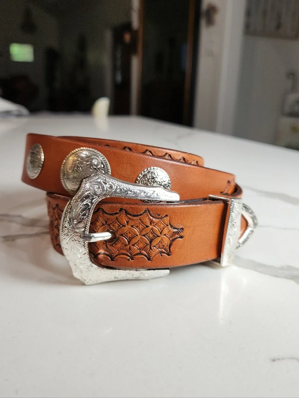 Vintage Size 40 Cuadra Tooled Tan Leather Western Concho Belt